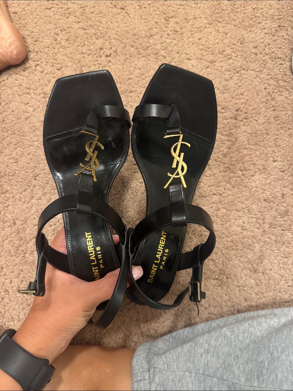 Saint Laurent Black Leather T-Strap Sandals with Gold YSL Logo